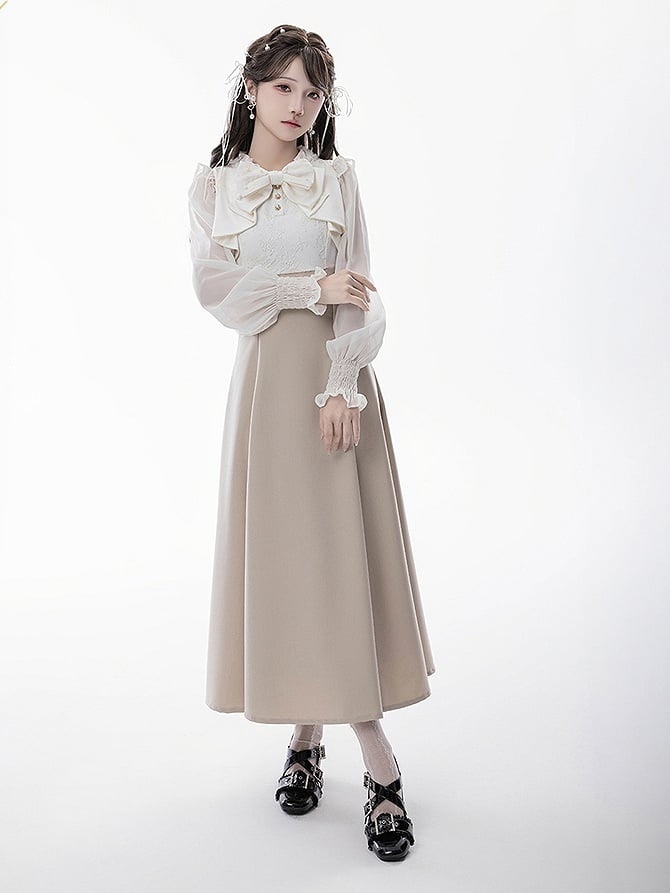 Aesthetic Faux Elegant Clean Design Apricot/Black Two-Piece Maxi Pure Jirai Dress: Kei with