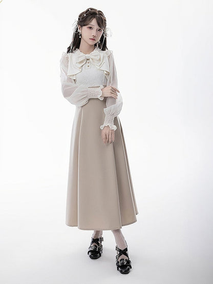 Aesthetic Faux Elegant Clean Design Apricot/Black Two-Piece Maxi Pure Jirai Dress: Kei with