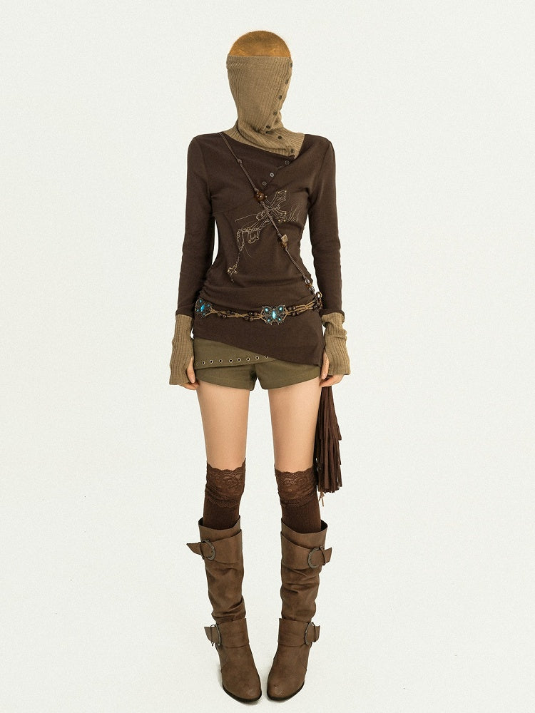 Asymmetrical High Neck Long Sleeve Top