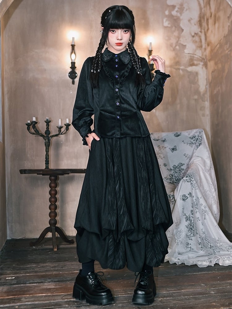 Slant - Black Two-Way Cheongsam Pockets Goth Skirt