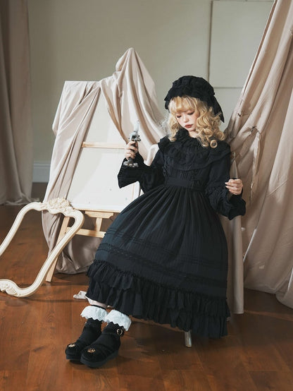 Neck Gothic Black All Lolita Sleeves Kuro Dress Long Layered Ruffle Hemline Ruffled