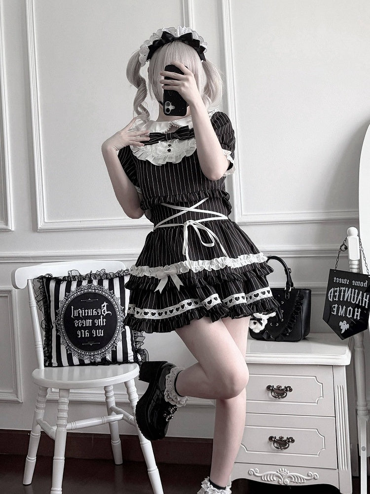 Black & White Striped Peter Pan Collar Set + Tiered Skirt - Bug Starting