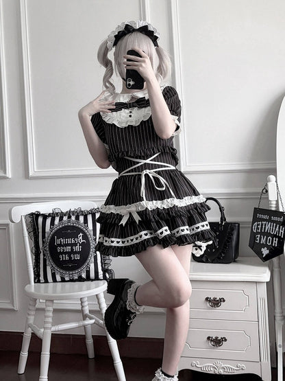 Black & White Striped Peter Pan Collar Set + Tiered Skirt - Bug Starting
