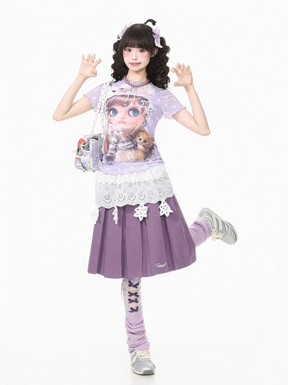 Purple Mesh Tee with Cartoon Girl & Polka Dot Motif - Languid Park