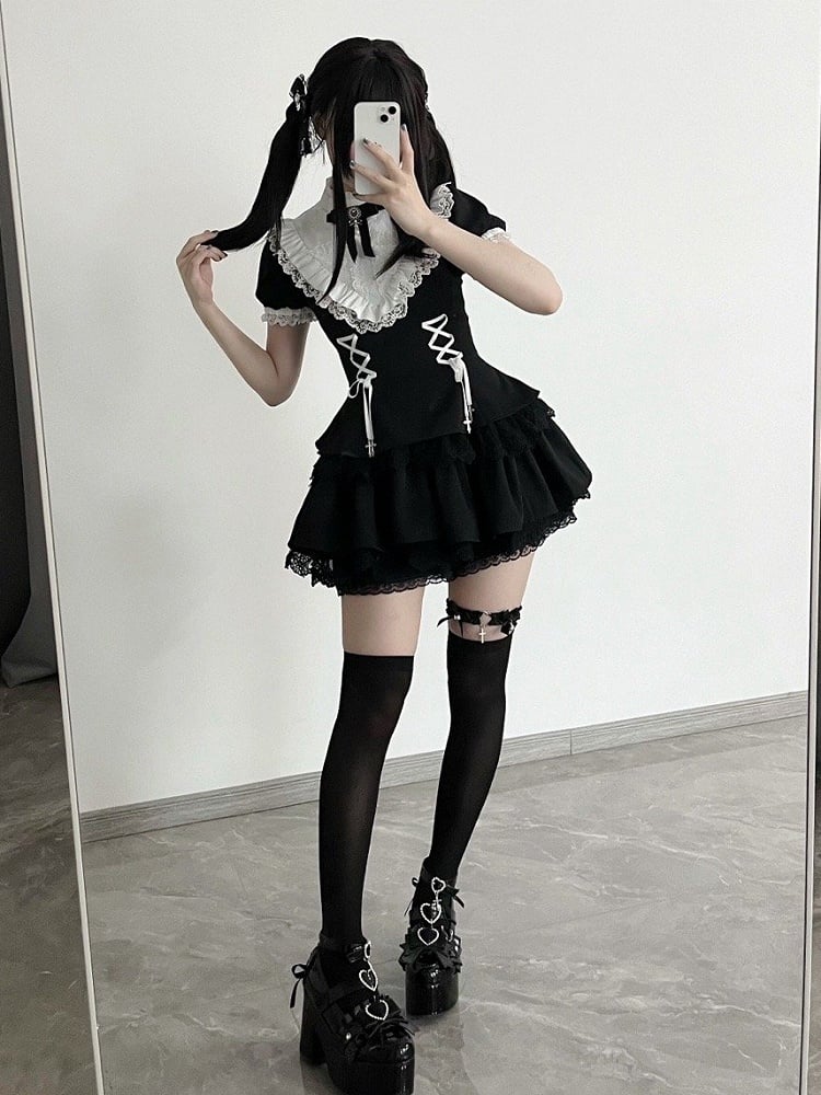 ショートフリルブラックスリーブホワイトネックラインゴシッククロスレースアップチャームドレスロリータ
