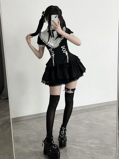 ショートフリルブラックスリーブホワイトネックラインゴシッククロスレースアップチャームドレスロリータ