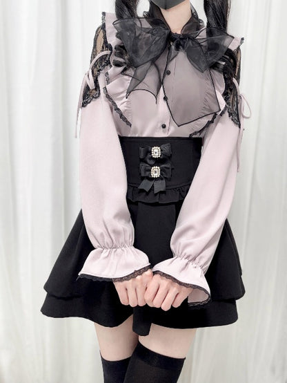 Jirai Kei Black/White/Dusty Cutout Shoulder Blouse Bow Neckline Big Pink
