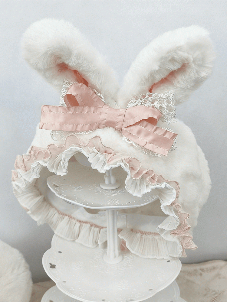 Lace Bunny Beige/Pink Ears Bow Plush Beret Trim