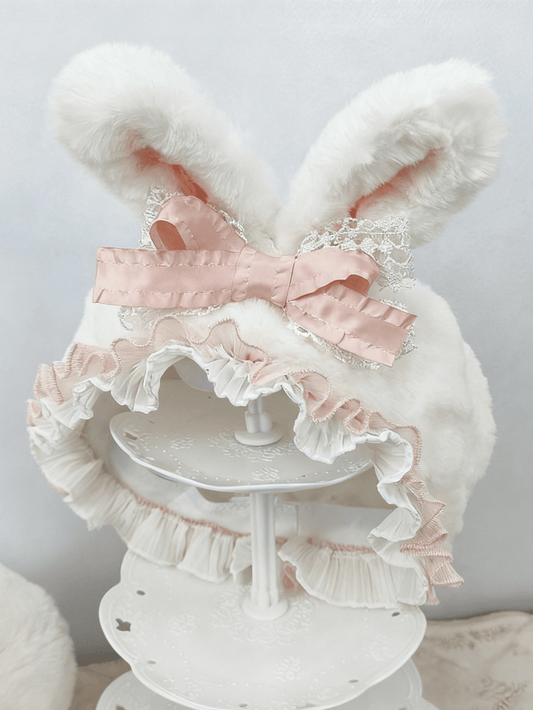 Lace Bunny Beige/Pink Ears Bow Plush Beret Trim