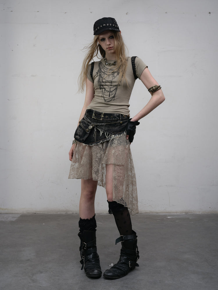 Punk Hem Lace with Denim Asymmetric Distressed Adjustable Back Belt Skirt