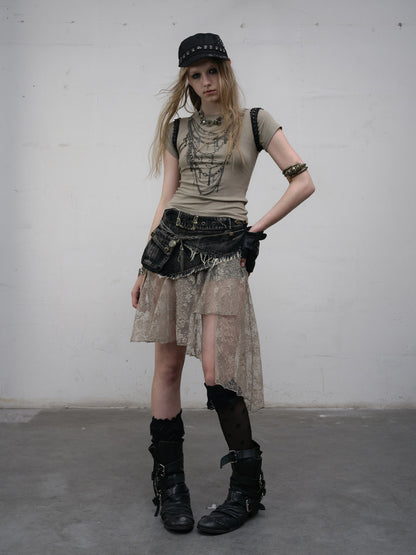 Punk Hem Lace with Denim Asymmetric Distressed Adjustable Back Belt Skirt