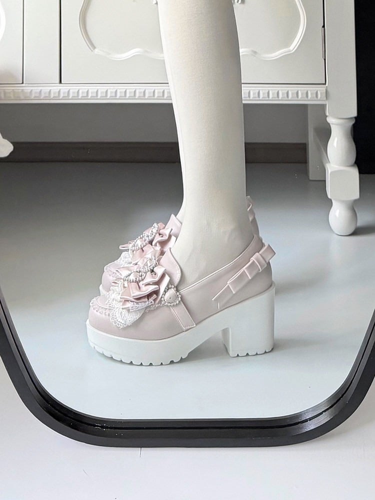Jirai Kei Pink Pearl Heart Lace Bowknot Footwear - Transfer Student