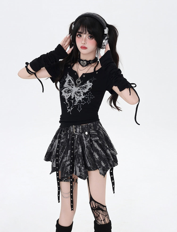 バタフライプリントホルターネックTシャツアームウェア（ブラック/ホワイト）