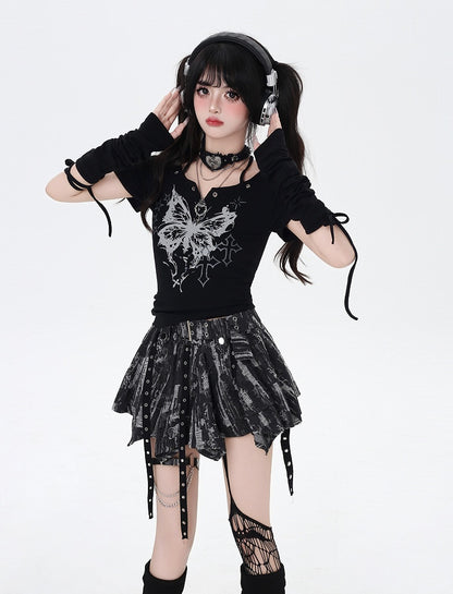 バタフライプリントホルターネックTシャツアームウェア（ブラック/ホワイト）