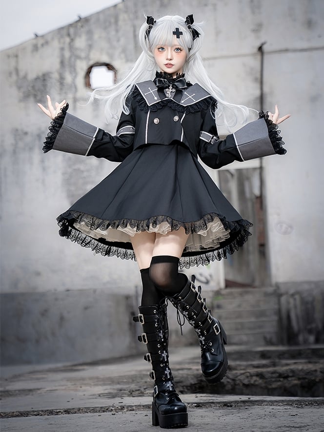 Schwarzes Ärmelkleid, lang, Lolita Kei-inspiriert, grau, Jirai und