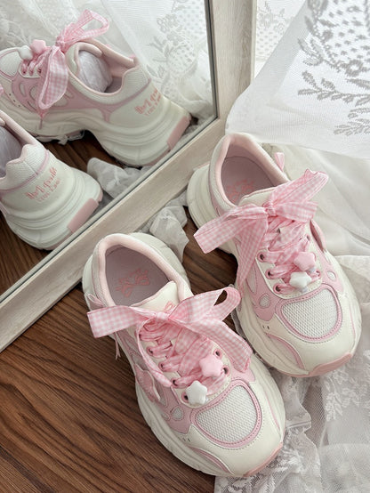 Design - Pink Lolita Platform Sneakers Lace-Up Star with Sweet Accents White Bow Plaid