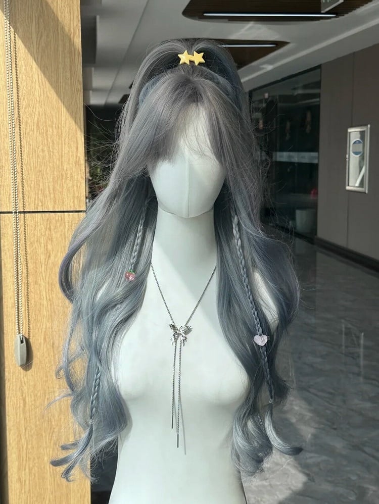 with Wig Wavy Blue Long Bangs 70CM Dusty Full