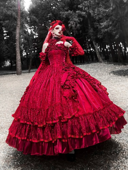 Hanayome Taillenstäbchen Bodenkorsett Länge Kleid Hime Kleid Rot Ball Lolita