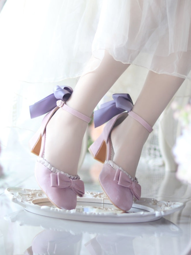 Ruffle Details Purple Mid Leather Pink Style Lolita Trim Heels Bow PU with for
