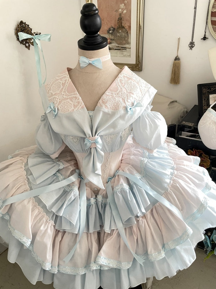 Pink and Blue Princess Corset Puffy Dress Tiered Ruffle Skirt Full Set