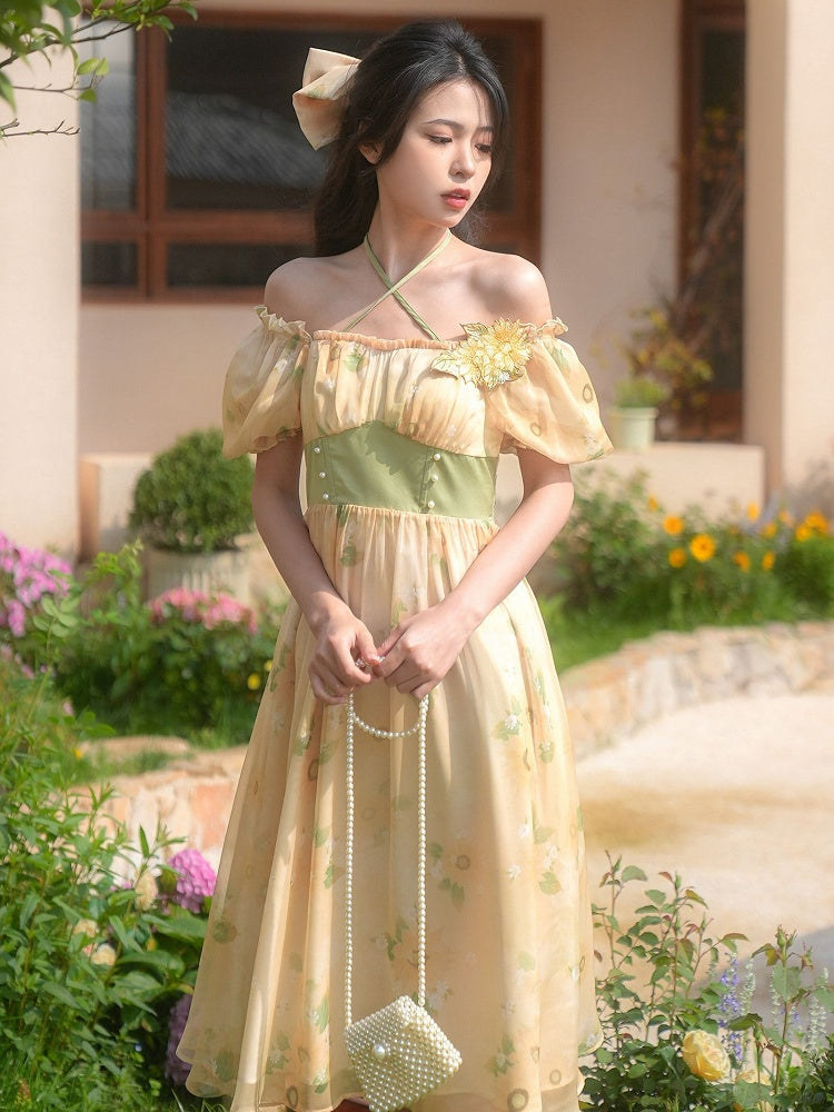 Halfter Sonnenblumen Freie Brosche Print Kleid Hals