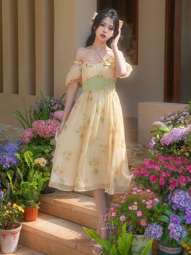 Halfter Sonnenblumen Freie Brosche Print Kleid Hals