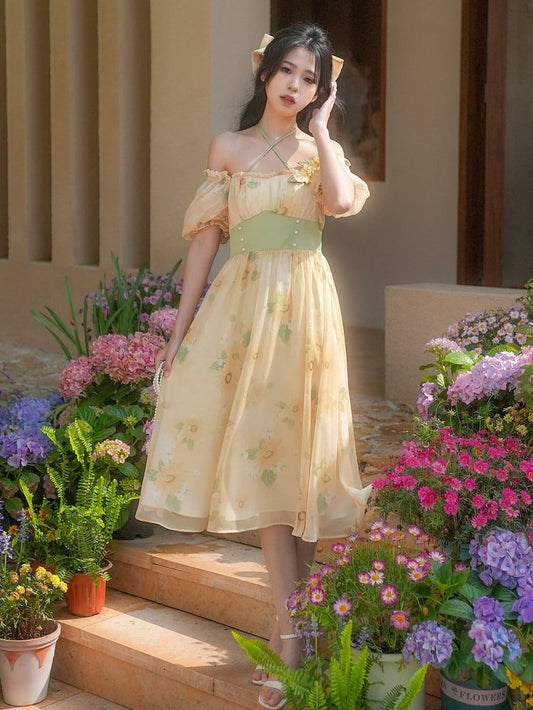 Halfter Sonnenblumen Freie Brosche Print Kleid Hals