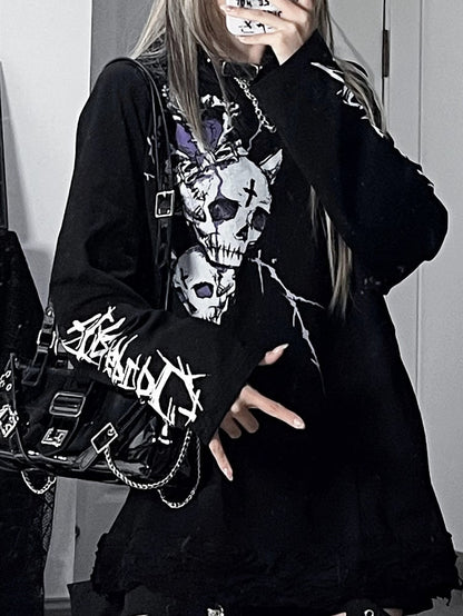 Black And Print Emo Skeleton Hoodie Letter Punk