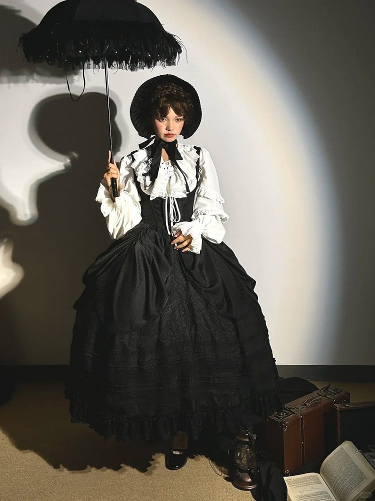 Detail Lolita with Under Bust Dress Embroidery Gothic Waist Black Boned