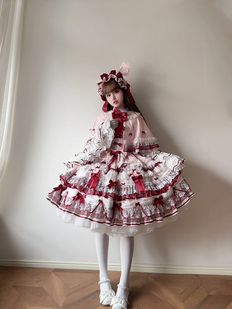 Pink Shimmering Ruffled Cape with Red Small Bows - Starry Messenger