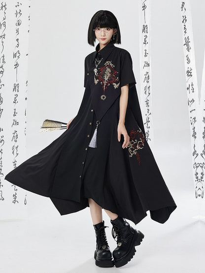 Asymmetrical Dragon Embroidery Long Dress - Qing Tang Original