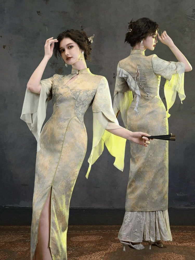 Green Chinese-Style Qipao Dress with Bow Embroidery, Cutout Design & Ruffle Accents - sijinstudio