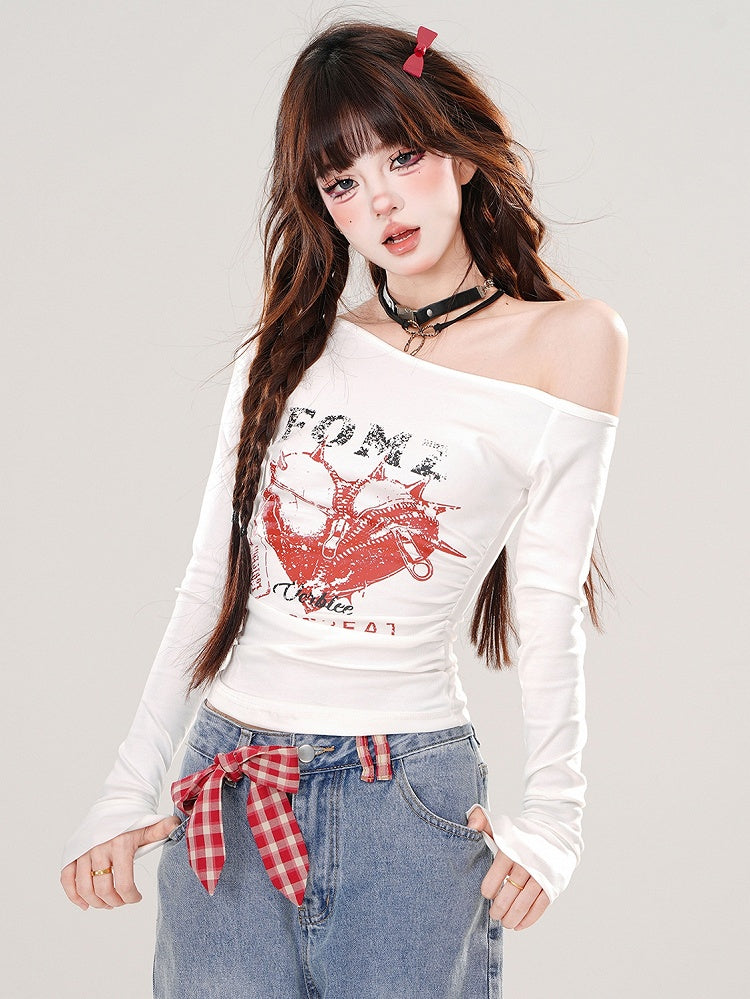 Black and White Heart Asymmetrical Neckline Slim-Fit Top