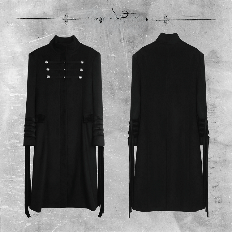 Long Gothic Coat Detials Strap Mock Neck Black with Buckle Royal