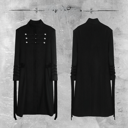 Long Gothic Coat Detials Strap Mock Neck Black with Buckle Royal