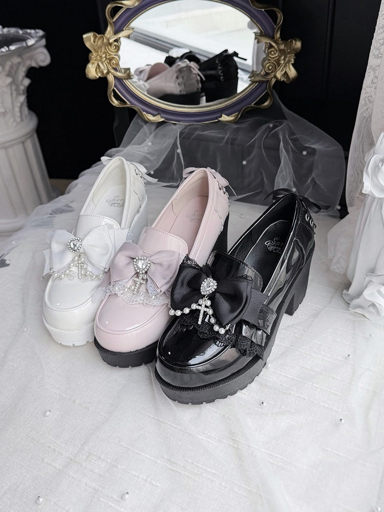 Black Kawaii Heart Crystal Shoes with Bow & Pearl Chain - Sarina