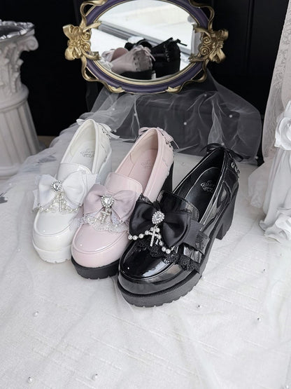 White Kawaii Shoes with Bow, Lace & Heart Crystal Detail - Sarina