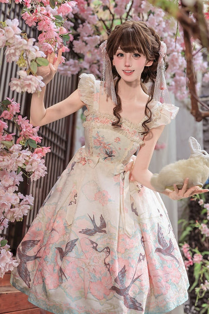 Swallow Kite and Peach Blossom Print Pink Chinoiserie Lolita Dress - Dream Magic Box