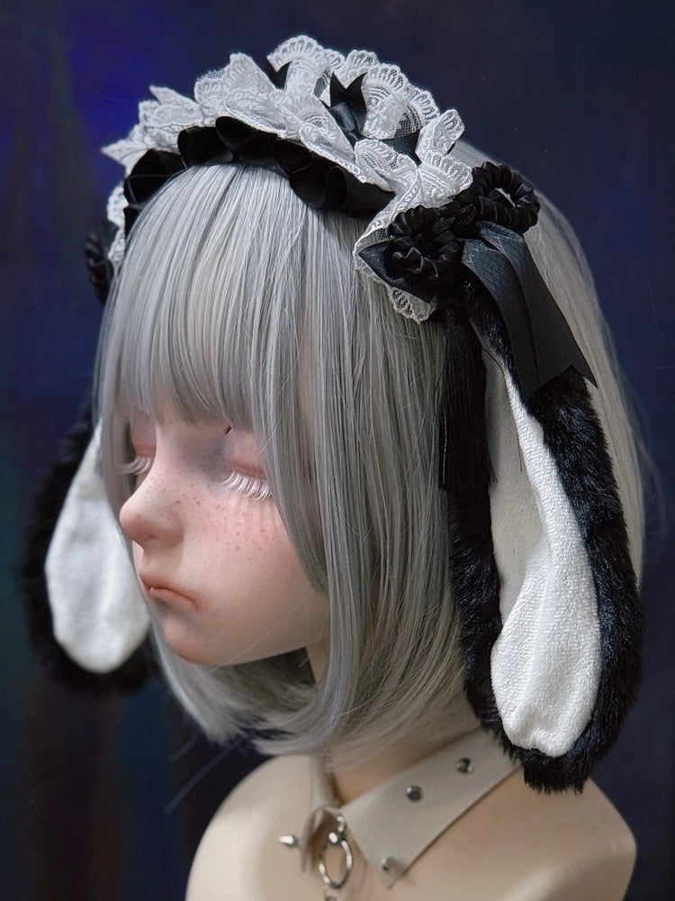 Droopy Black Alternative in Ear White Plush with KC Maid-style Lace Bunny Style