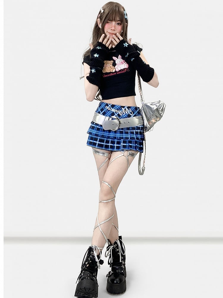 Musterrock Buchstabe Plaid Print Blau Y2K Plissee Klein