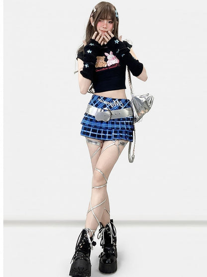 Musterrock Buchstabe Plaid Print Blau Y2K Plissee Klein