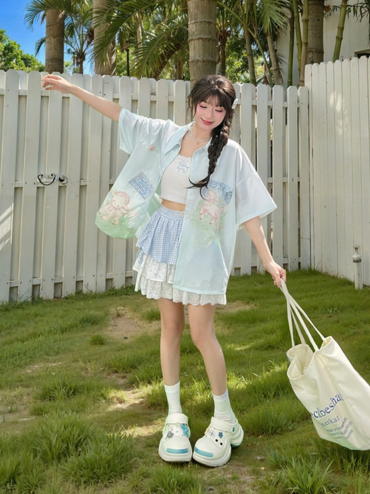 チェック柄アップリケ ラムプリント ライトグリーン シフォン レーストリム シャツ