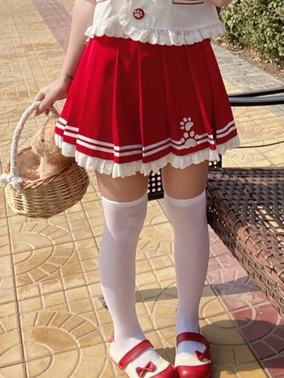 Lace JK Uniform Pink/Red Pleated Skirt Trim Ruffled