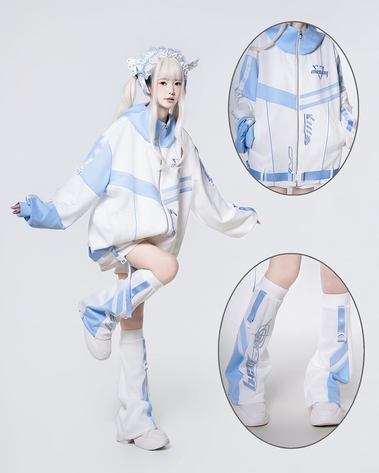 Blue Embroidered White Kaiwai Tenshi Cyberpunk Warmers Leg