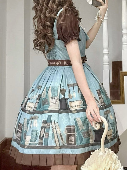Blue Brown Coffee Cup Bookshelf Print Elegant JSK Dress Ruffled Hem - Dream Whale