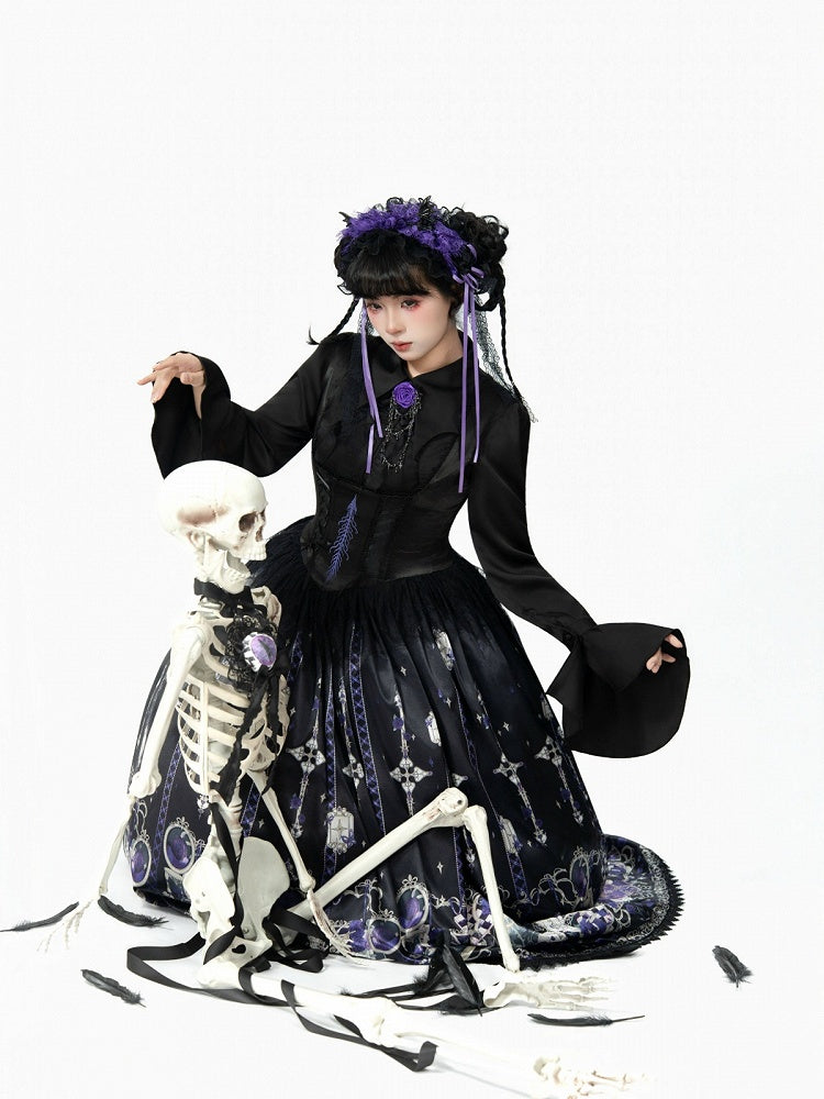 Purple Rosette and Skull Print Gothic Lolita Corset Under Bust JSK Dress - Sweetheart Love Song