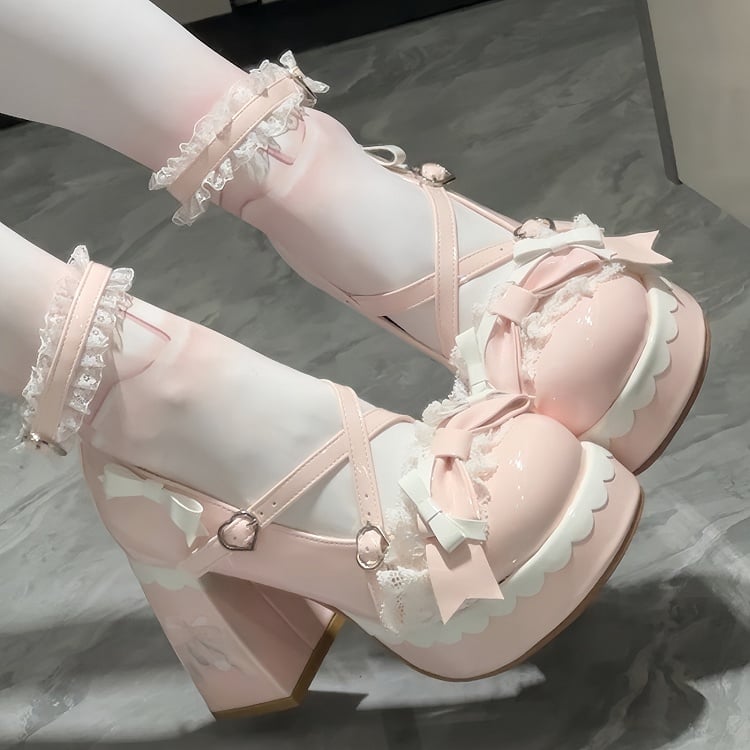 Lolita Platform Sweet Crisscross Heels Design Block High - Pink