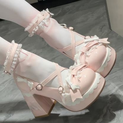 Lolita Platform Sweet Crisscross Heels Design Block High - Pink