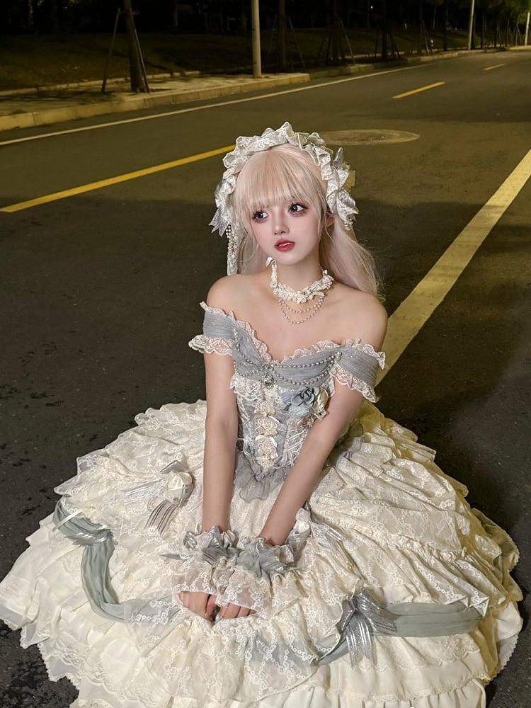 ダスティブルーのコルセットウエスト花嫁プリンセスロリータハイローレイヤードヘムドレスショートバージョン