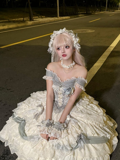 ダスティブルーのコルセットウエスト花嫁プリンセスロリータハイローレイヤードヘムドレスショートバージョン